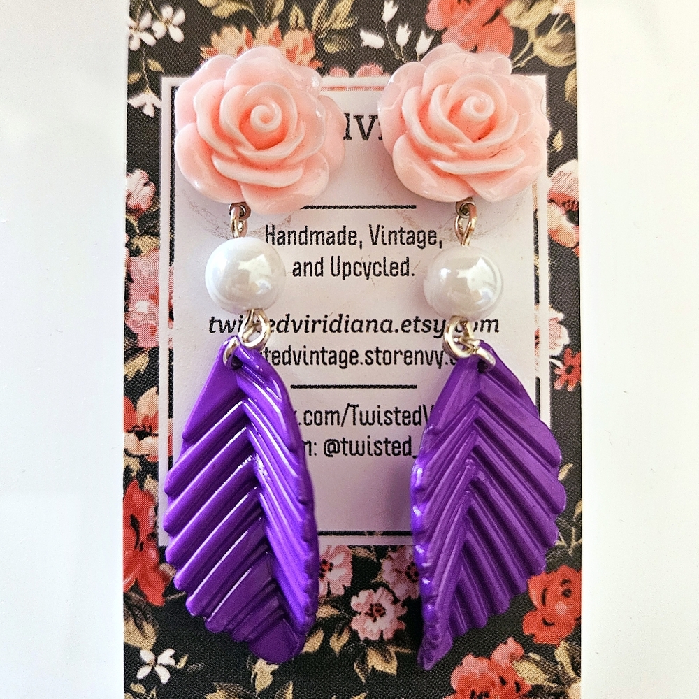 Handmade Romantic Rose Pearl Leaf Earrings in Pink Purple White Acrylic - Picture 2 of 2